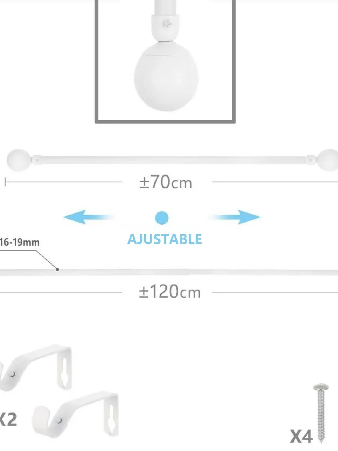 Barra De Cortina Extensible Blanca De Bola 70-120  3