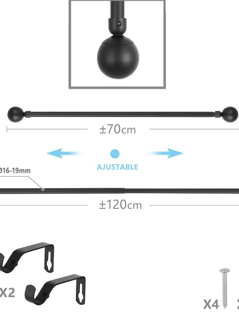 Barra De Cortina Extensible Negra De Bola 70-120 3