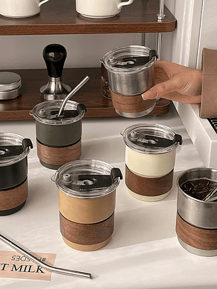 Vaso Termico Con Sorbete y Detalle en Madera 300ml