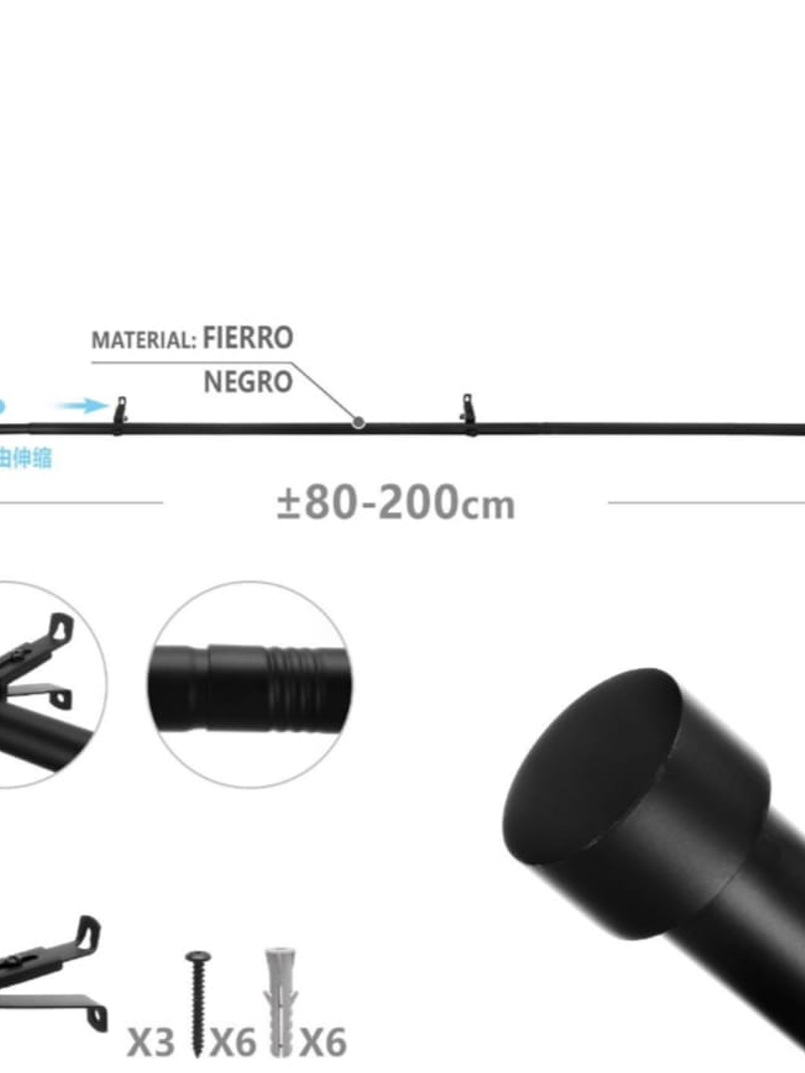 Barra De Cortina, Extensible Negra 80-200, Con 3 Soportes. 5