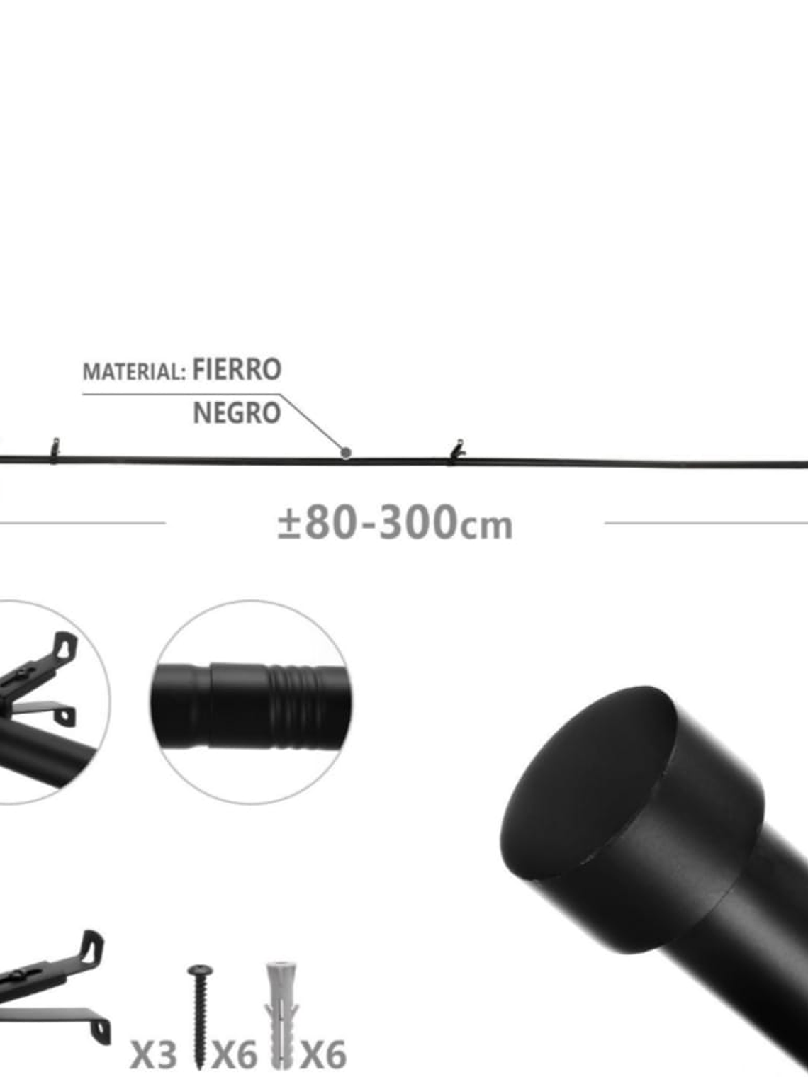 Barra De Cortina, Extensible Negra 80-300, Con 3 Soportes. 5