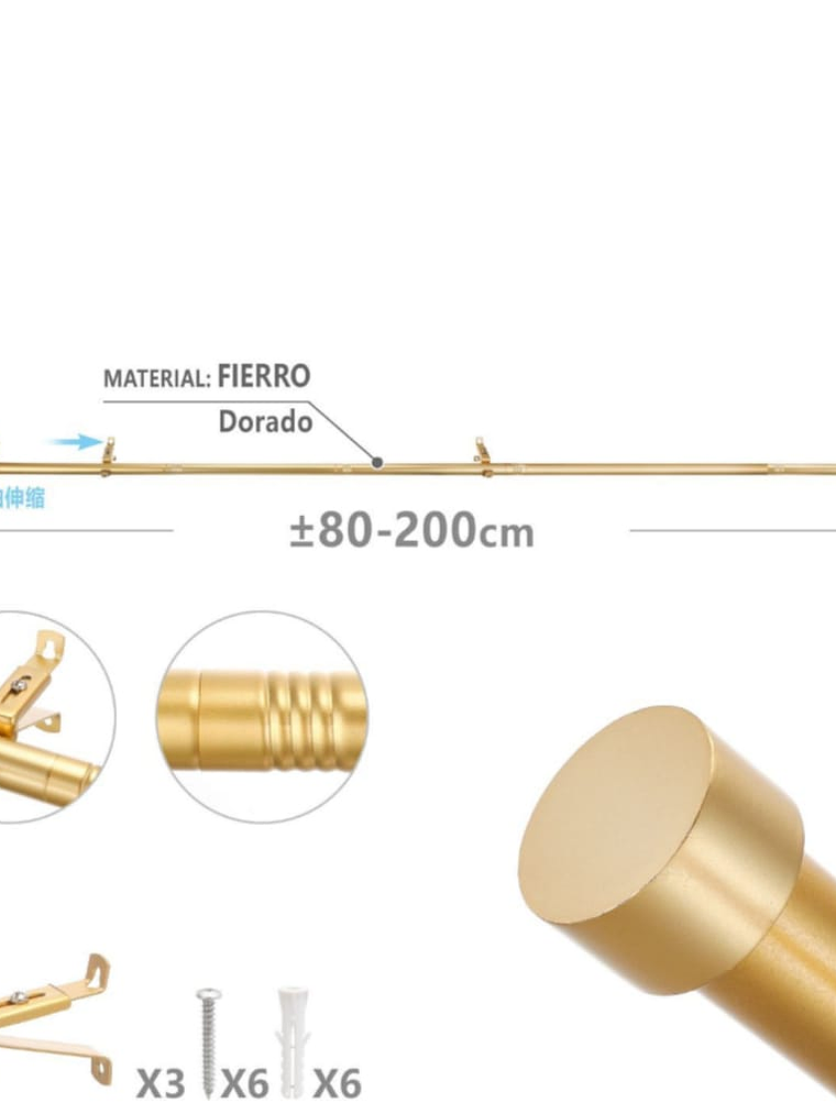 Barra De Cortina, Extensible Dorada 80-200, Con 3 Soportes. 5