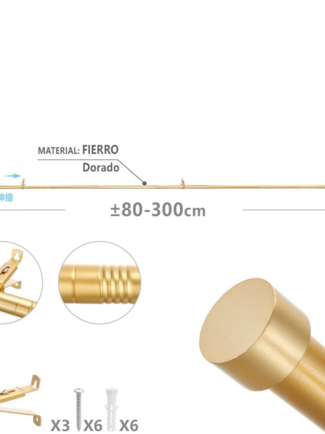 Barra De Cortina, Extensible Dorada 80-300, Con 3 Soportes. 3