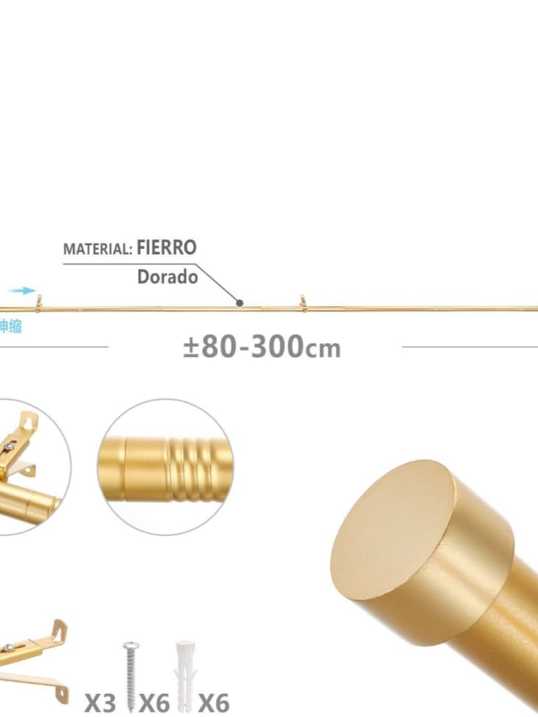Barra De Cortina, Extensible Dorada 80-300, Con 3 Soportes. 3
