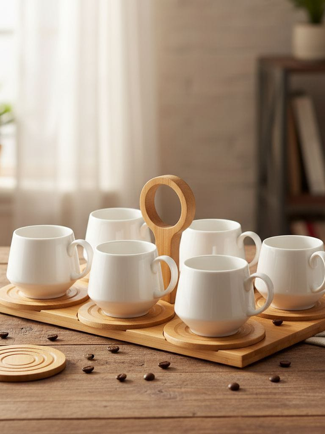 Juego De 6 Tazas De Cafe Y Bandeja de Bambu 15x20x35cm 3