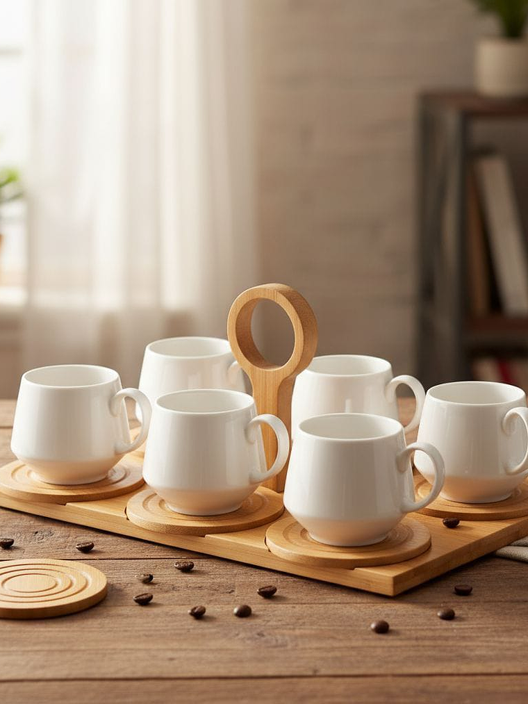 Juego De 6 Tazas De Cafe Y Bandeja de Bambu 15x20x35cm 3