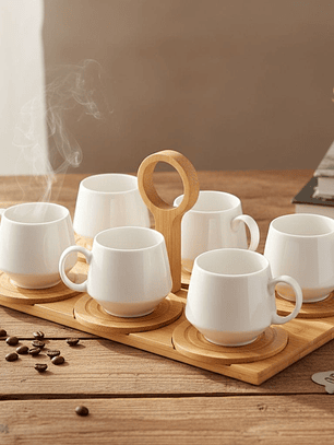 Juego De 6 Tazas De Cafe Y Bandeja de Bambu 15x20x35cm