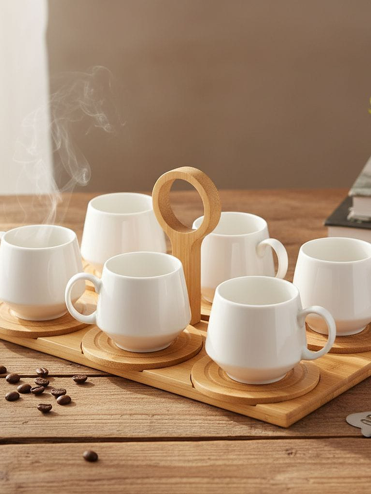 Juego De 6 Tazas De Cafe Y Bandeja de Bambu 15x20x35cm 1