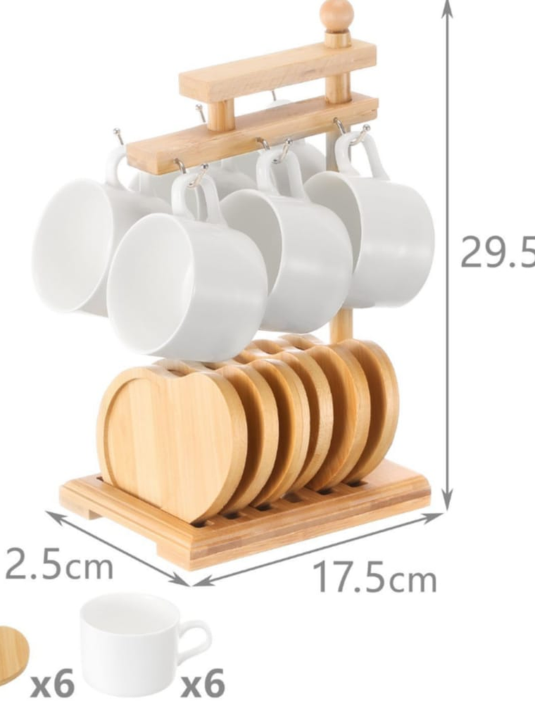 Juego De 6 Tazas Para Cafe Y Organizador De Bambu 29.5x12.5x17.5cm 2