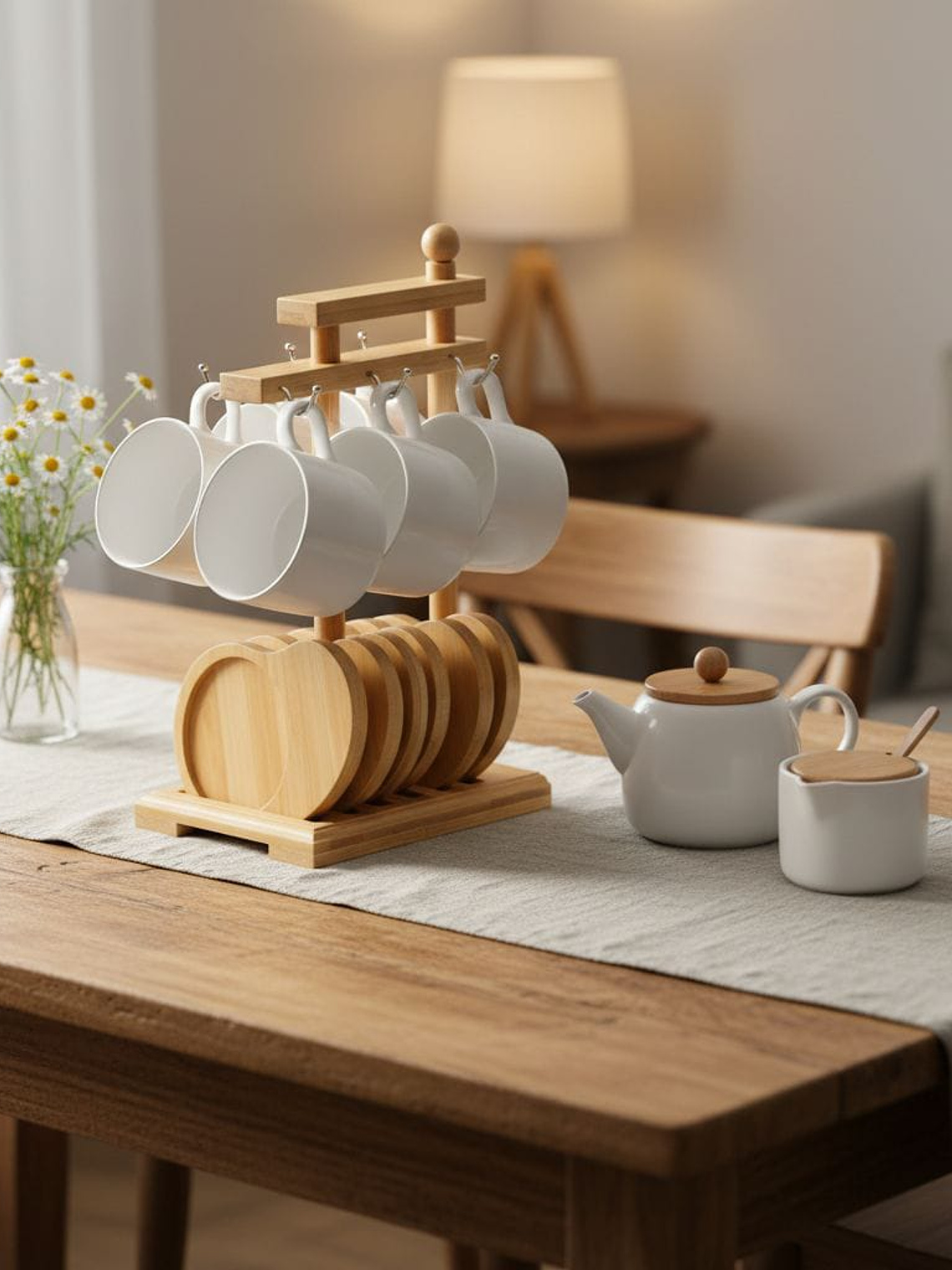 Juego De 6 Tazas Para Cafe Y Organizador De Bambu 29.5x12.5x17.5cm 3