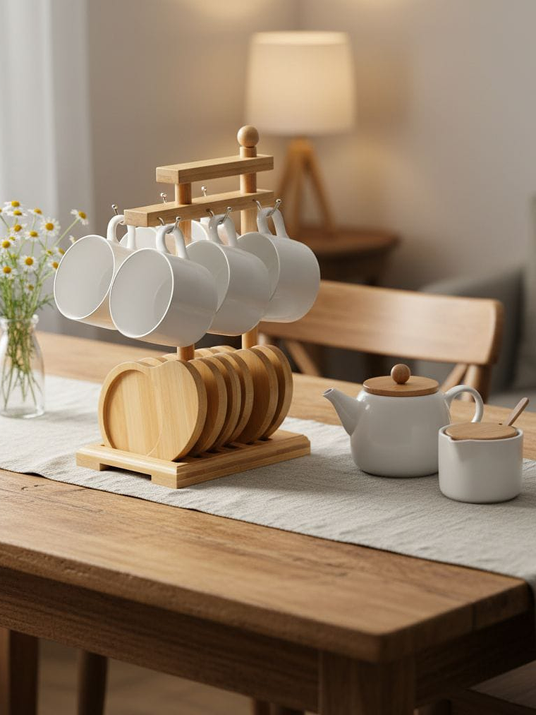 Juego De 6 Tazas Para Cafe Y Organizador De Bambu 29.5x12.5x17.5cm 3