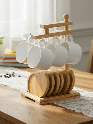 Juego De 6 Tazas Para Cafe Y Organizador De Bambu 29.5x12.5x17.5cm