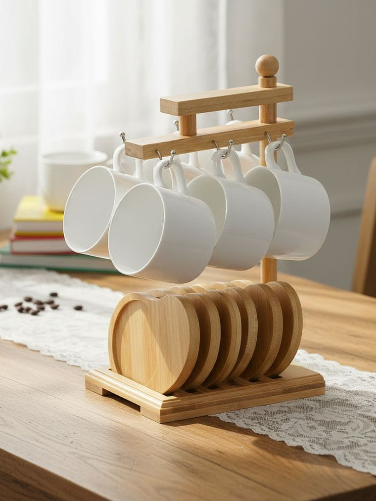Juego De 6 Tazas Para Cafe Y Organizador De Bambu 29.5x12.5x17.5cm 1