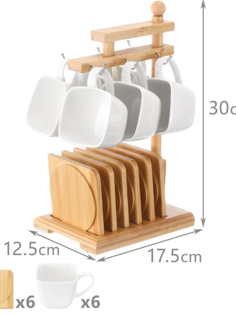 Juego De 6 Tazas De Cafe Y Organizador De Bambu 30x12.5x17.5cm 4