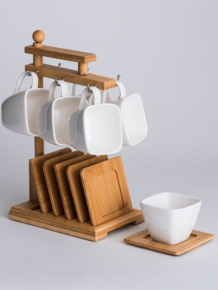 Juego De 6 Tazas De Cafe Y Organizador De Bambu 30x12.5x17.5cm 5