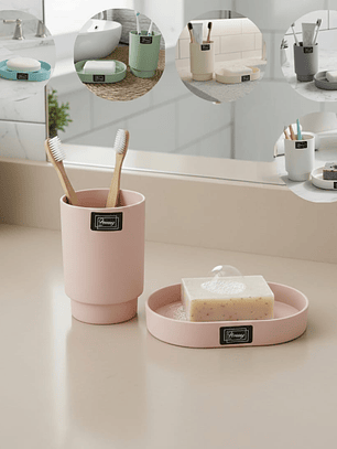Set De Baño, vaso y jabonera, plástico resistente, Colores pastel, surtidos.