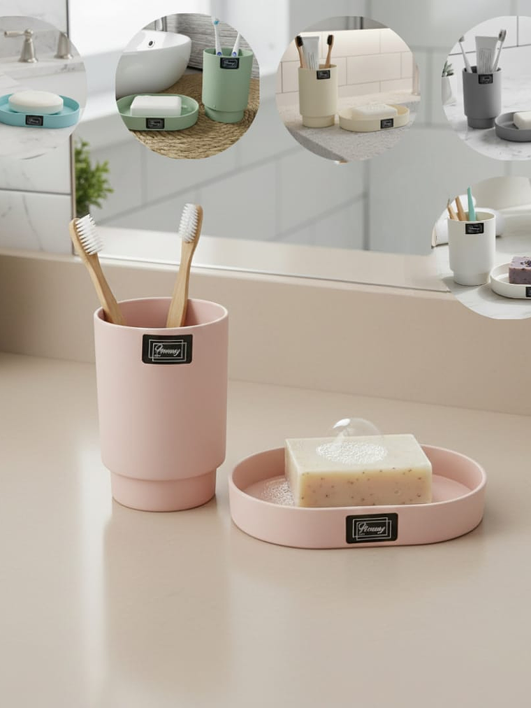 Set De Baño, vaso y jabonera, plástico resistente, Colores pastel, surtidos. 1