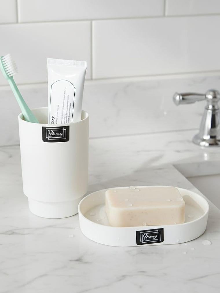 Set De Baño, vaso y jabonera, plástico resistente, Colores pastel, surtidos. 2