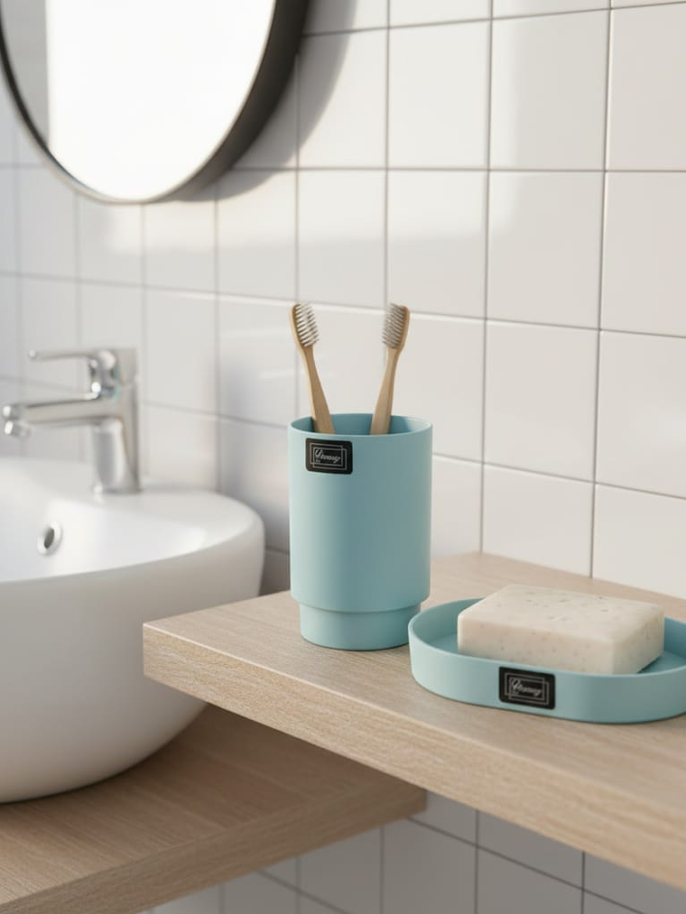 Set De Baño, vaso y jabonera, plástico resistente, Colores pastel, surtidos. 5