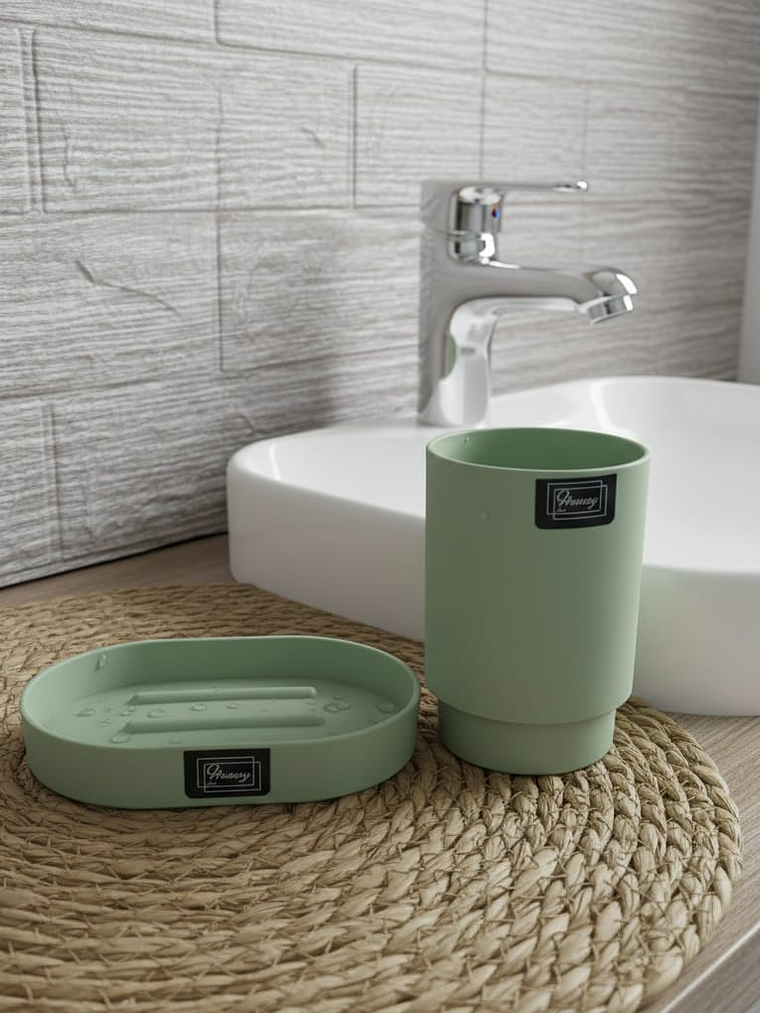 Set De Baño, vaso y jabonera, plástico resistente, Colores pastel, surtidos. 6