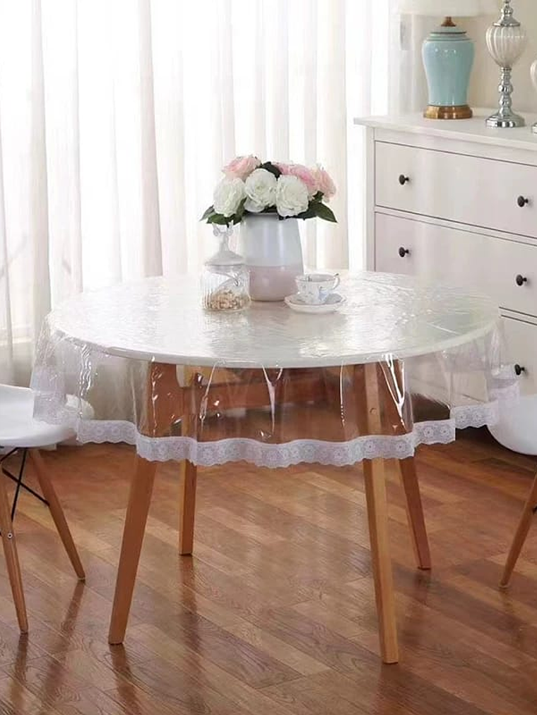 Mantel Redondo Transparente Con Borde de Encaje bordado, 152*152Cm. 4