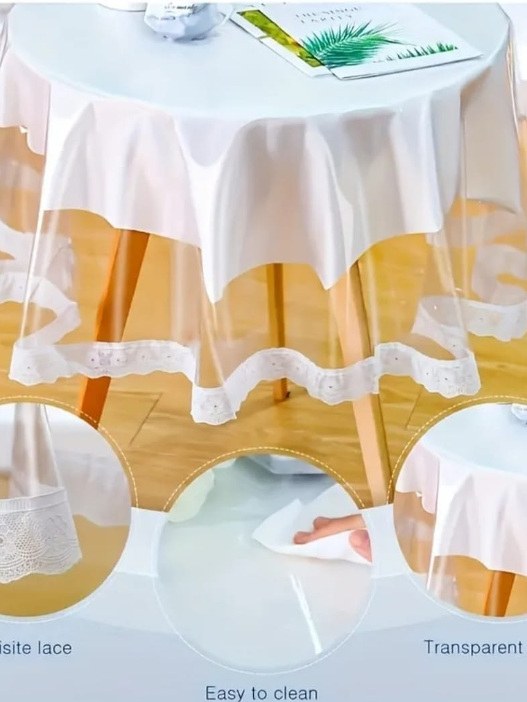 Mantel Redondo Transparente Con Borde de Encaje bordado, 152*152Cm. 5