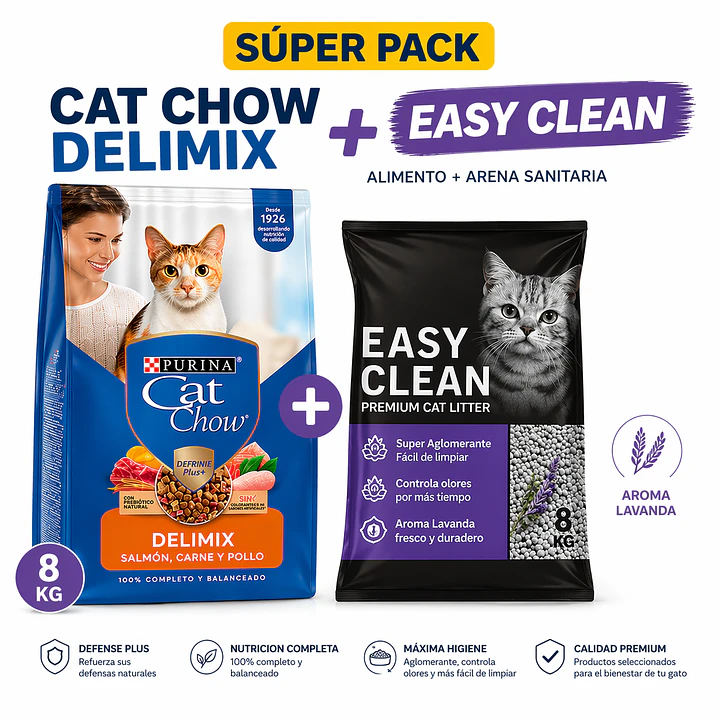 Pack Gato Cat Chow Delimix 8kg + Arena Easy Clean 8kg Aglomerante 2