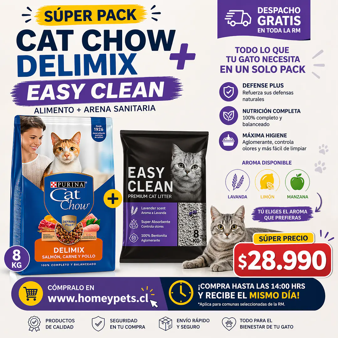 Pack Gato Cat Chow Delimix 8kg + Arena Easy Clean 8kg Aglomerante 3