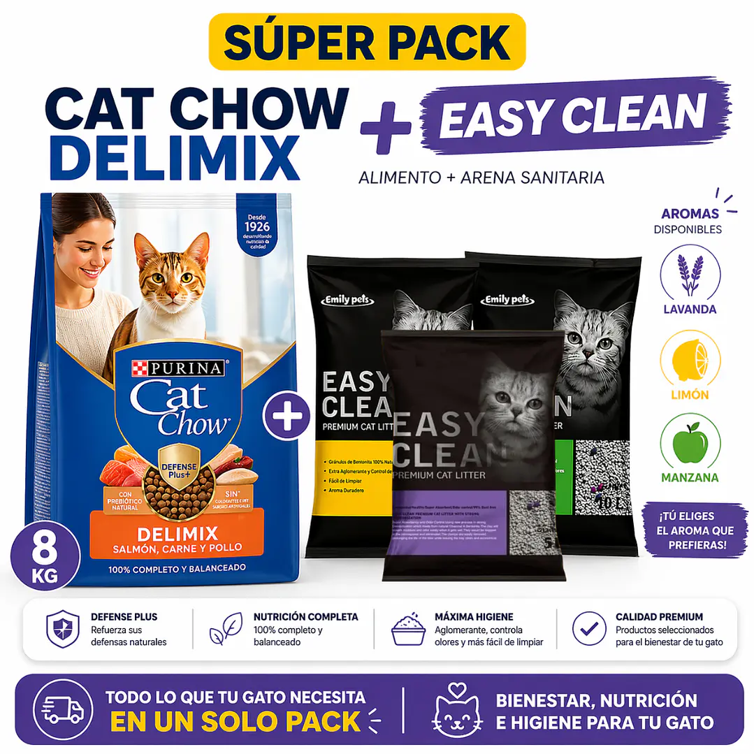 Pack Gato Cat Chow Delimix 8kg + Arena Easy Clean 8kg Aglomerante 1