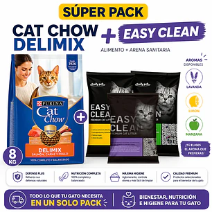 Pack Gato Cat Chow Delimix 8kg + Arena Easy Clean 8kg Aglomerante