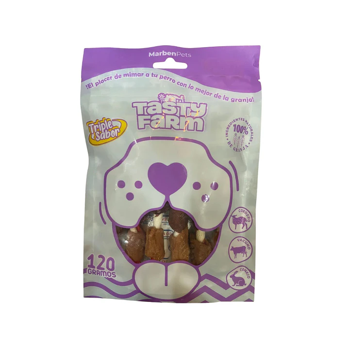 TASTY FARM SNACK TRIPLE SABOR PATO, CORDERO, VACUNO 120 GR 1