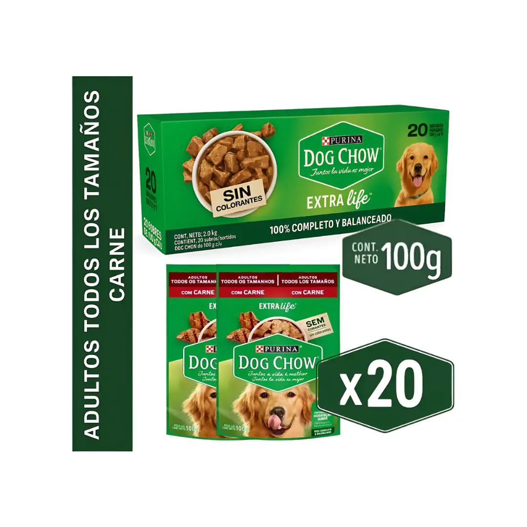 Dog Chow Pouch Perros Adultos Todos los Tamaños Carne 100 g 2