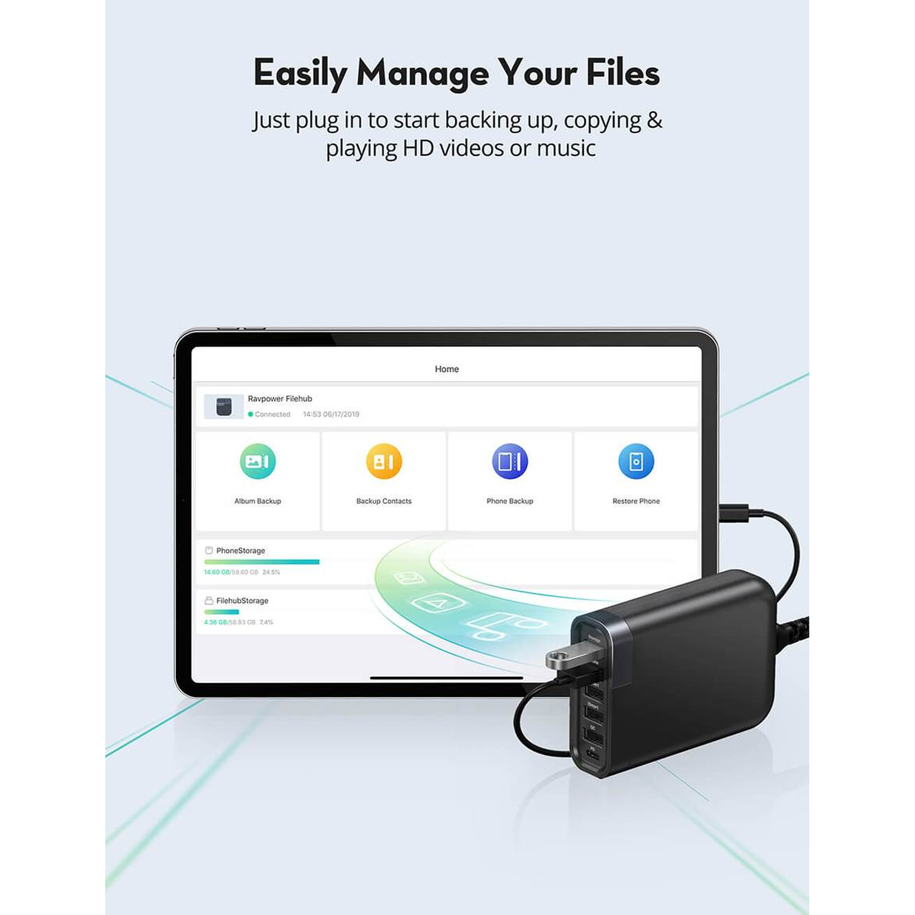 Cargador Filehub USB-C 60W con 6 Puertos RAVpower