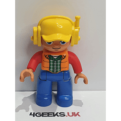 Lego Duplo Figure Male  Worker Yellow Helmet with Headset Orange Shirt Blue Pants - USADO