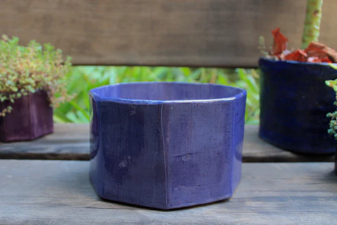 Maceta Cerámica Octágono 17 cm Azul