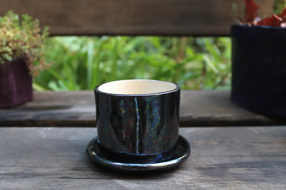 Maceta Cerámica 9 cm c/plato Tornasol Negro 1