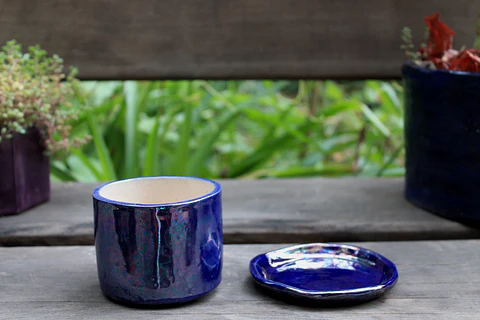 Maceta Cerámica 9 cm c/plato Tornasol Azul