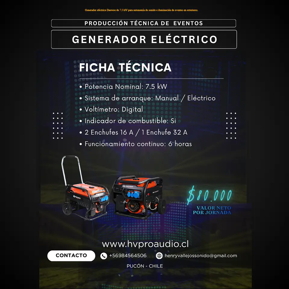 Arriendo de Generador Eléctrico en Pucón | HV ProAudio 1