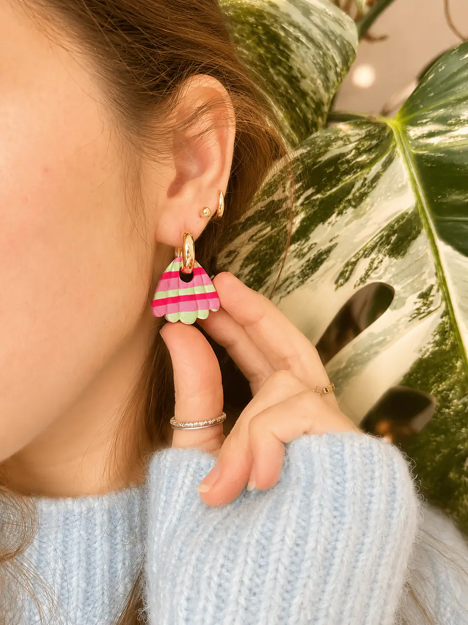 🌷 Aritos Charm Rayas Rosa & Menta 🌷 3