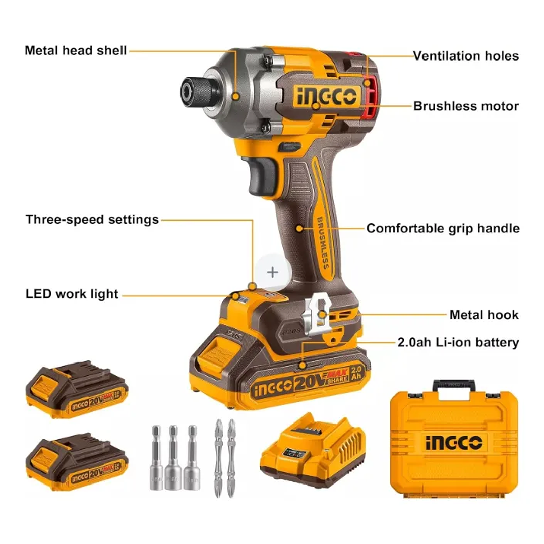 ATORNILLADOR IMPACTO BL INGCO +2 BAT 2AH Y CARG 1/4