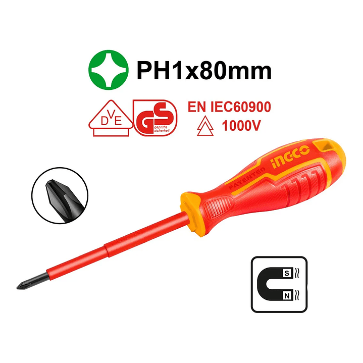 Destornillador Ingco Industrial Aislado Vde Punta Cruz Ph1x80mm 5