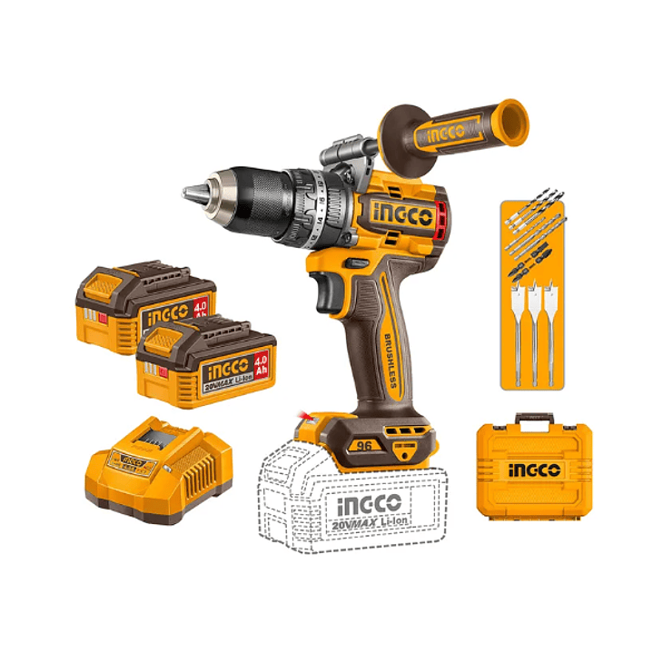 Taladro Ingco Per Bl Industrial +2 Bat Y Carg +12 Acce 20v/96nm 1