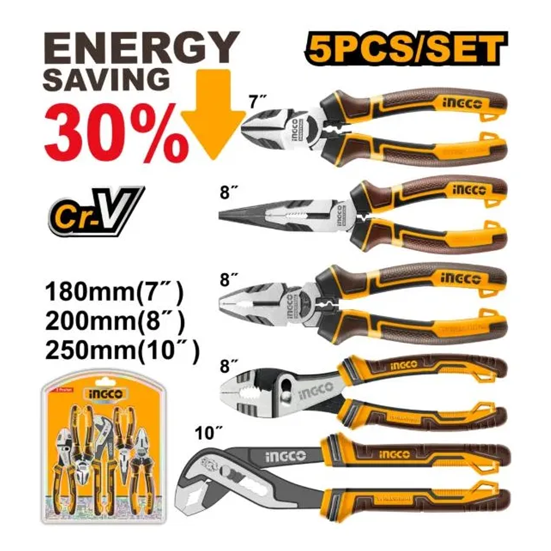 Set Alicates Ingco Industrial 5 Piezas 180-260mm/7-10