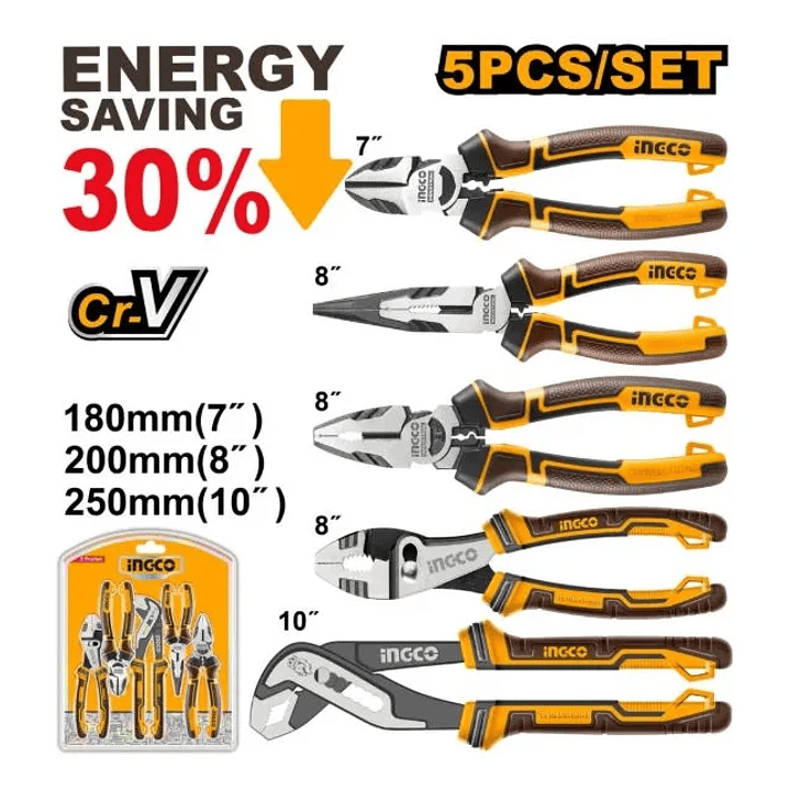 Set Alicates Ingco Industrial 5 Piezas 180-260mm/7-10