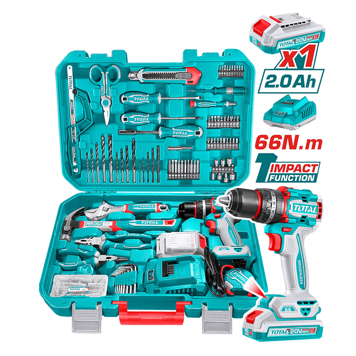 KIT TALADRO PERCUTOR 66NM INALAMB CON 165 PZAS HERRAMIENTAS TOTAL 1