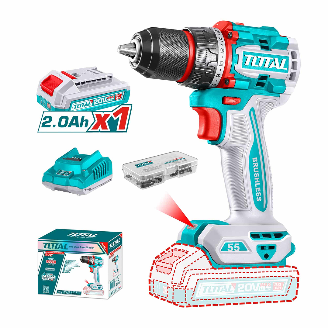 Taladro Inalambrico 13mm 20V 55nm con Bateria y Cargador Total 1