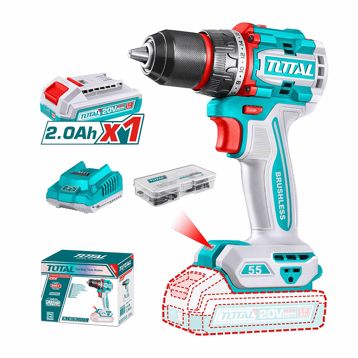 Taladro Inalambrico 13mm 20V 55nm con Bateria y Cargador Total 1