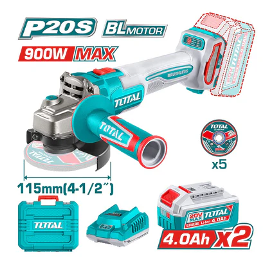 Esmeril Angular Inalámbrico 900W 20V + Baterías y Cargador 2