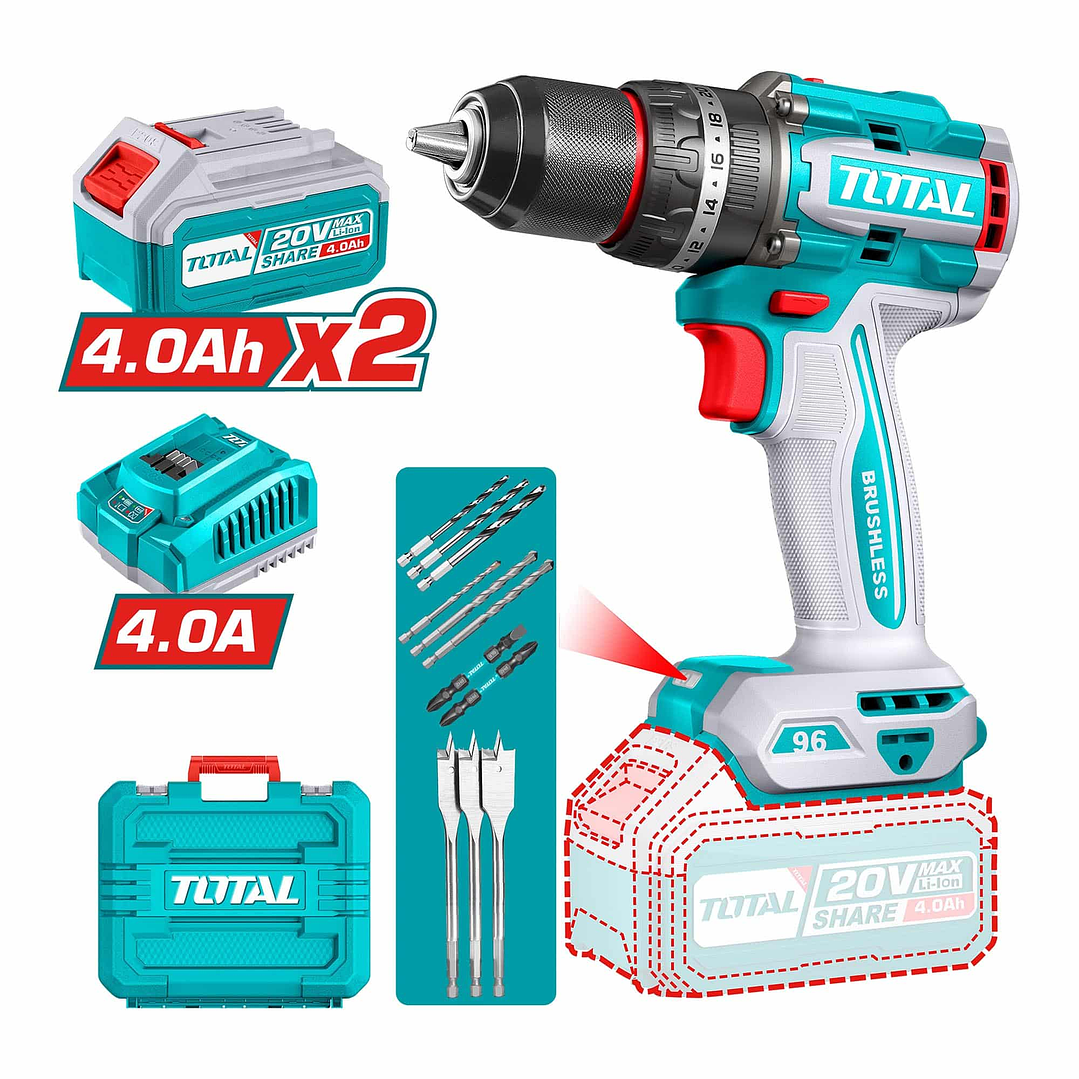 TALADRO ATORNILLADOR PERCUTOR 96NM 13MM 20V + 2 BAT 4AH + CARGADOR 1