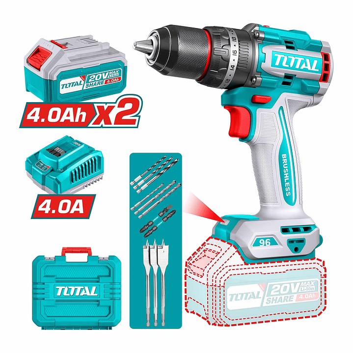 TALADRO ATORNILLADOR PERCUTOR 96NM 13MM 20V + 2 BAT 4AH + CARGADOR 1